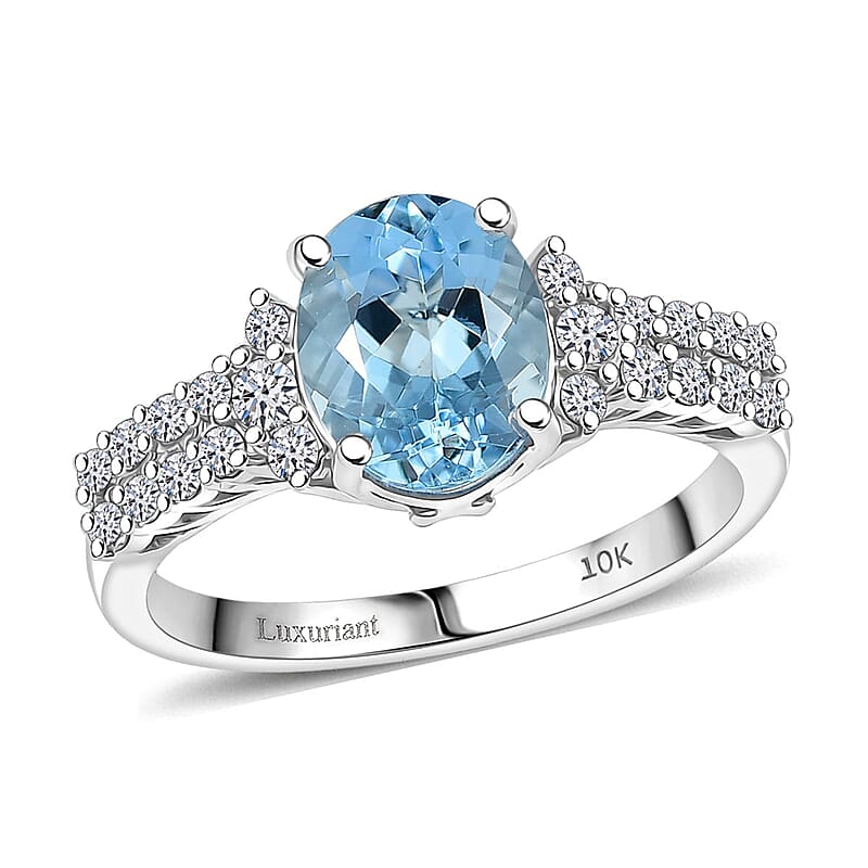 Certified & Appraised AAA Santa maria Aquamarine and Luxuriant Lab Grown Diamond G-H SI 2.00 ctw Oceanic Serenity Ring in 10K White Gold (Size 10.0)