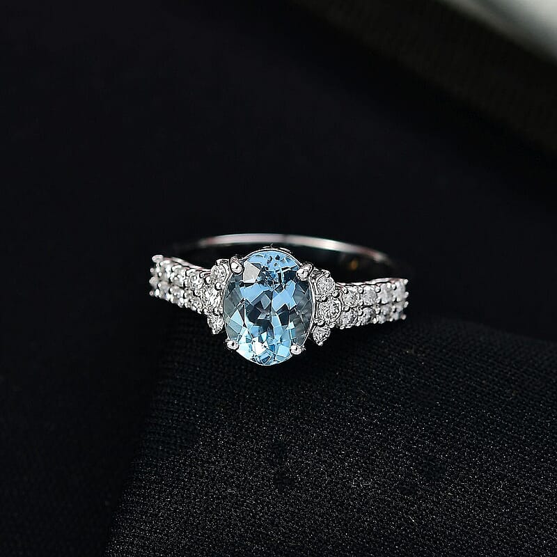 Certified AAA Santa maria Aquamarine, Lab Grown Diamond (G-H, SI) Ring in 10K White Gold 1.94 ctw (Size 10.5)