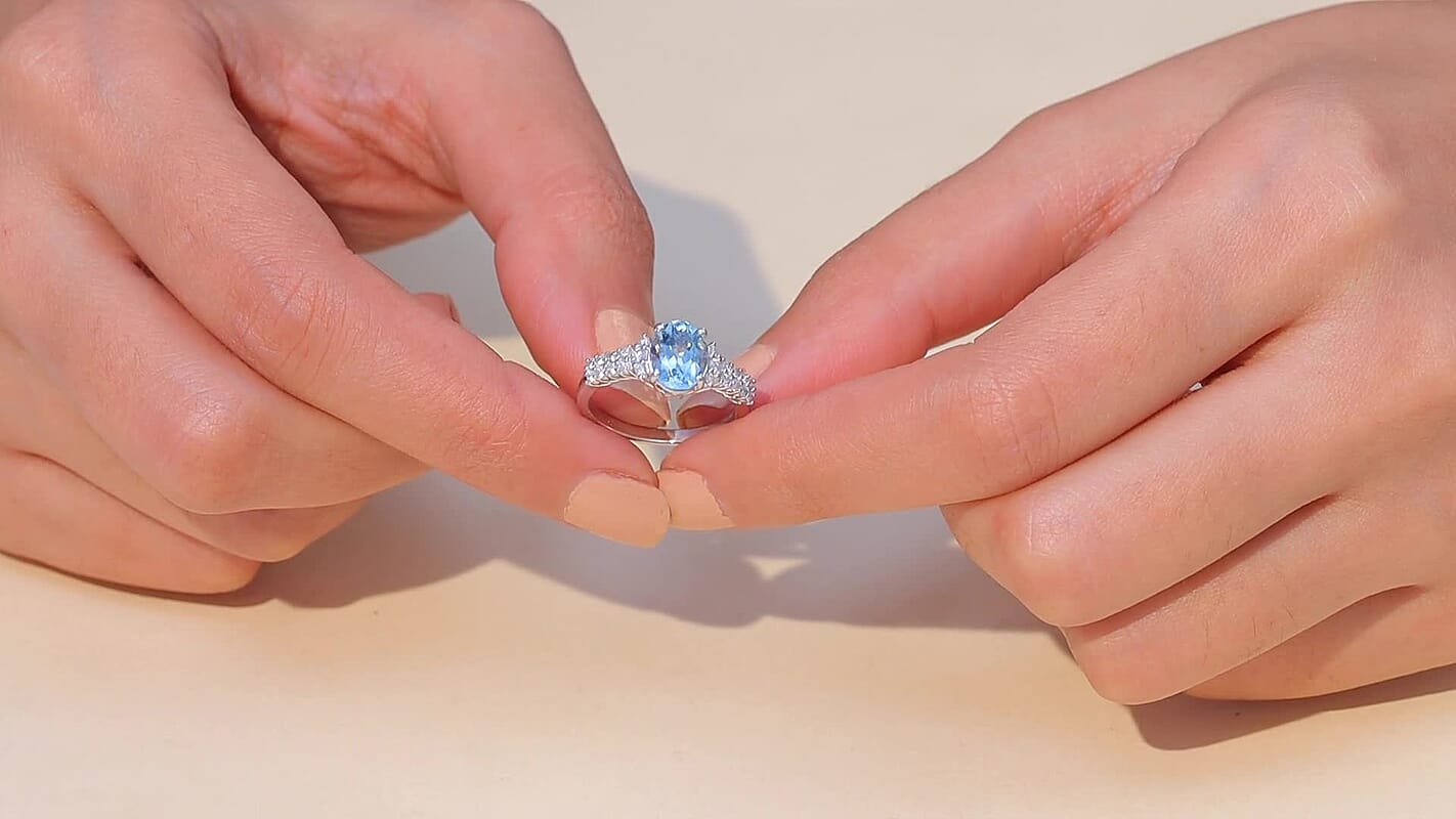 Certified & Appraised AAA Santa maria Aquamarine and G-H SI Luxuriant Lab Grown Diamond 1.94 ctw Oceanic Serenity Ring in 10K White Gold