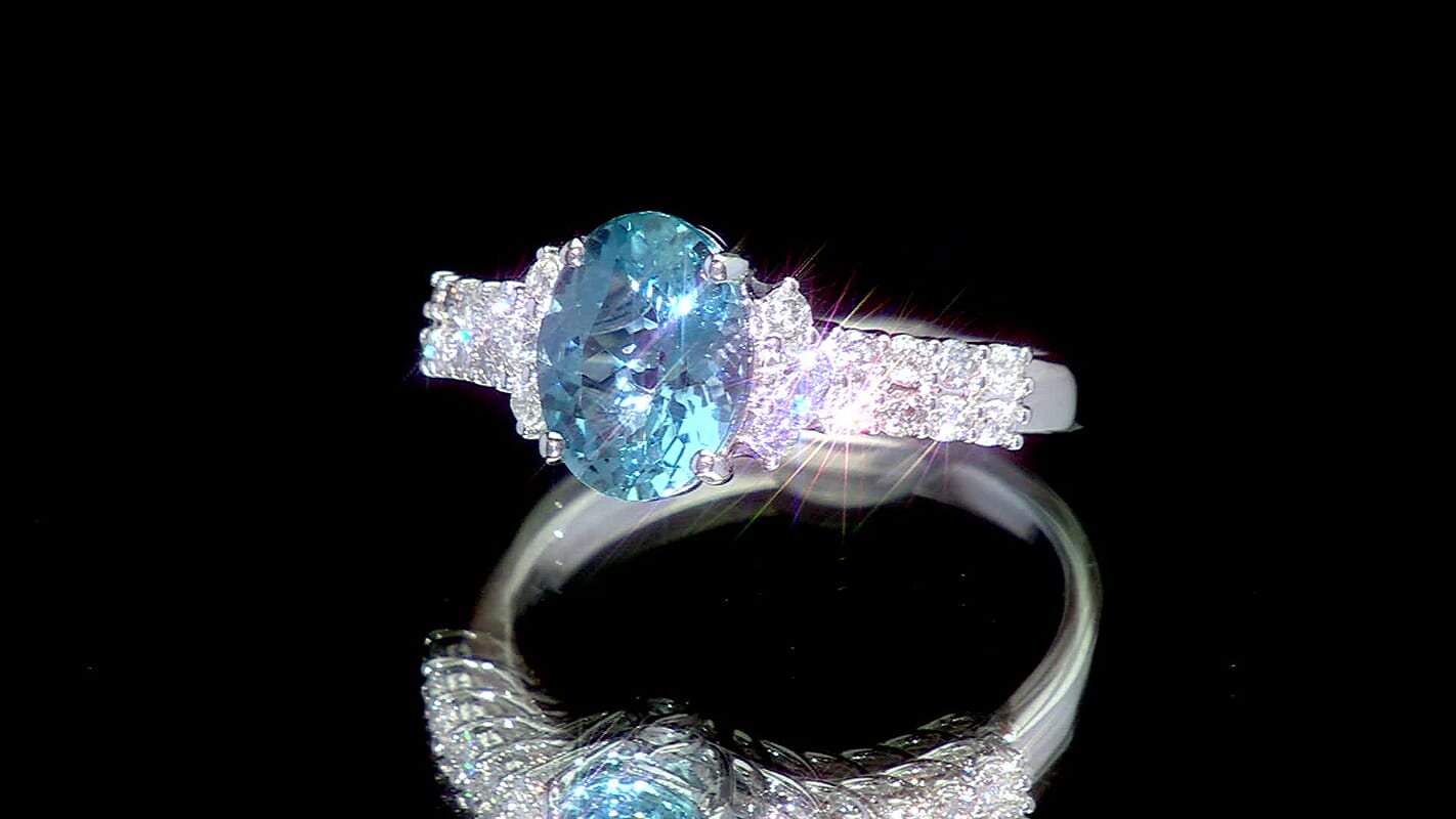 Certified & Appraised AAA Santa maria Aquamarine and G-H SI Luxuriant Lab Grown Diamond 1.94 ctw Oceanic Serenity Ring in 10K White Gold