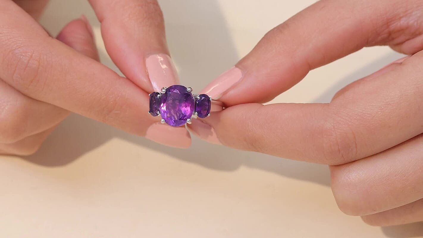 EverTrue African Amethyst 3 Stone Ring in Platinum Bond (Size 10.0) 5.65 ctw