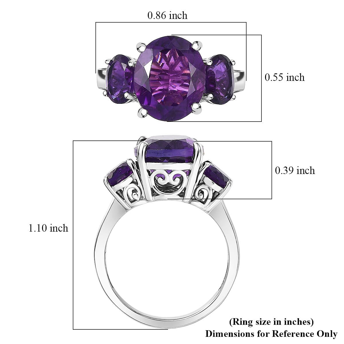 EverTrue African Amethyst 3 Stone Ring in Platinum Bond 5.65 ctw (Size 7.0)