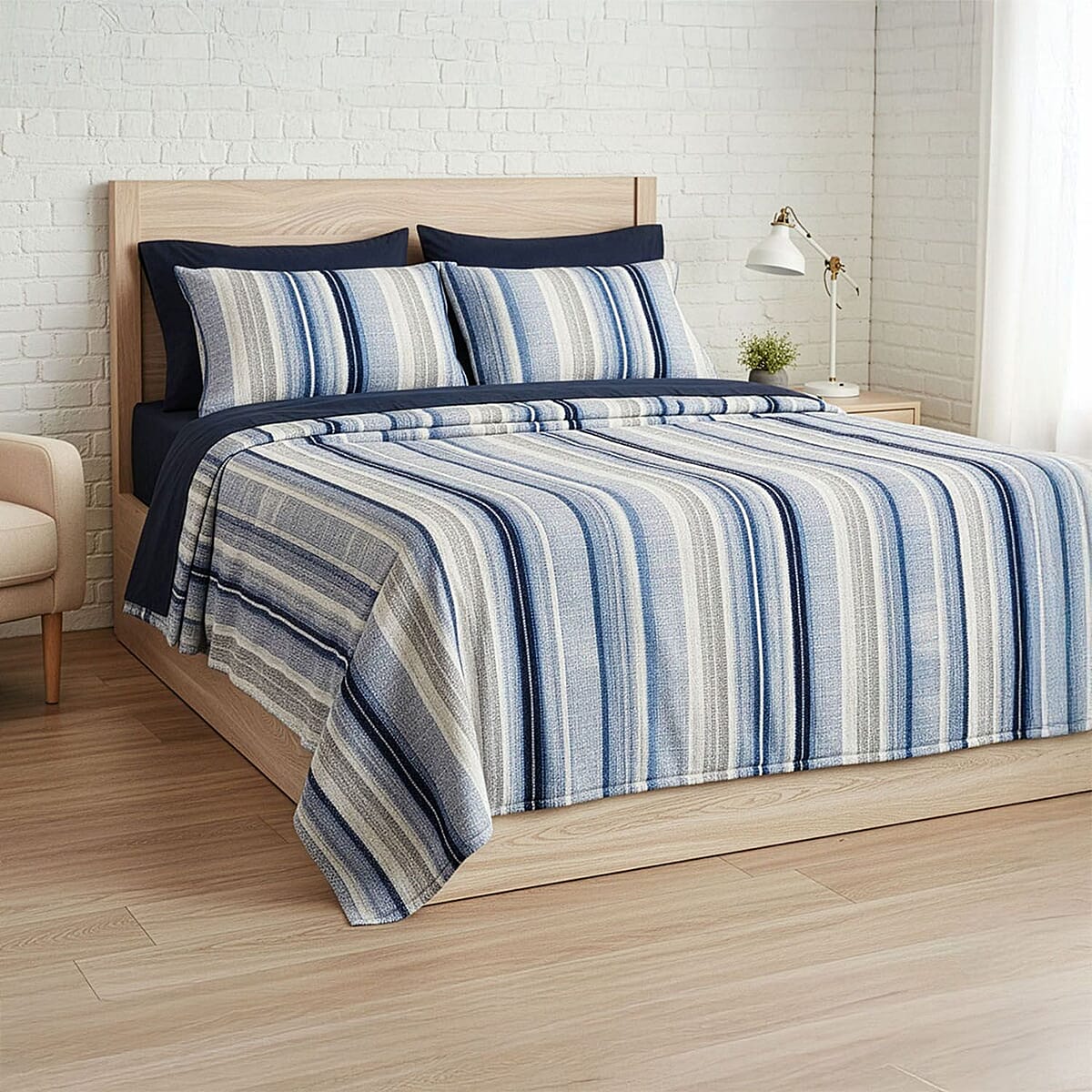 Closeout American Thread Collection 1800 Series 6pc Blue & Grey Striped Microfiber Sheet Set -Twin image number 0