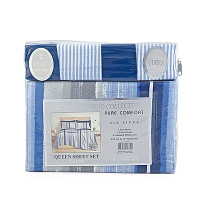 Closeout American Thread Collection 6pc Blue & Grey Striped Microfiber Sheet Set -Twin