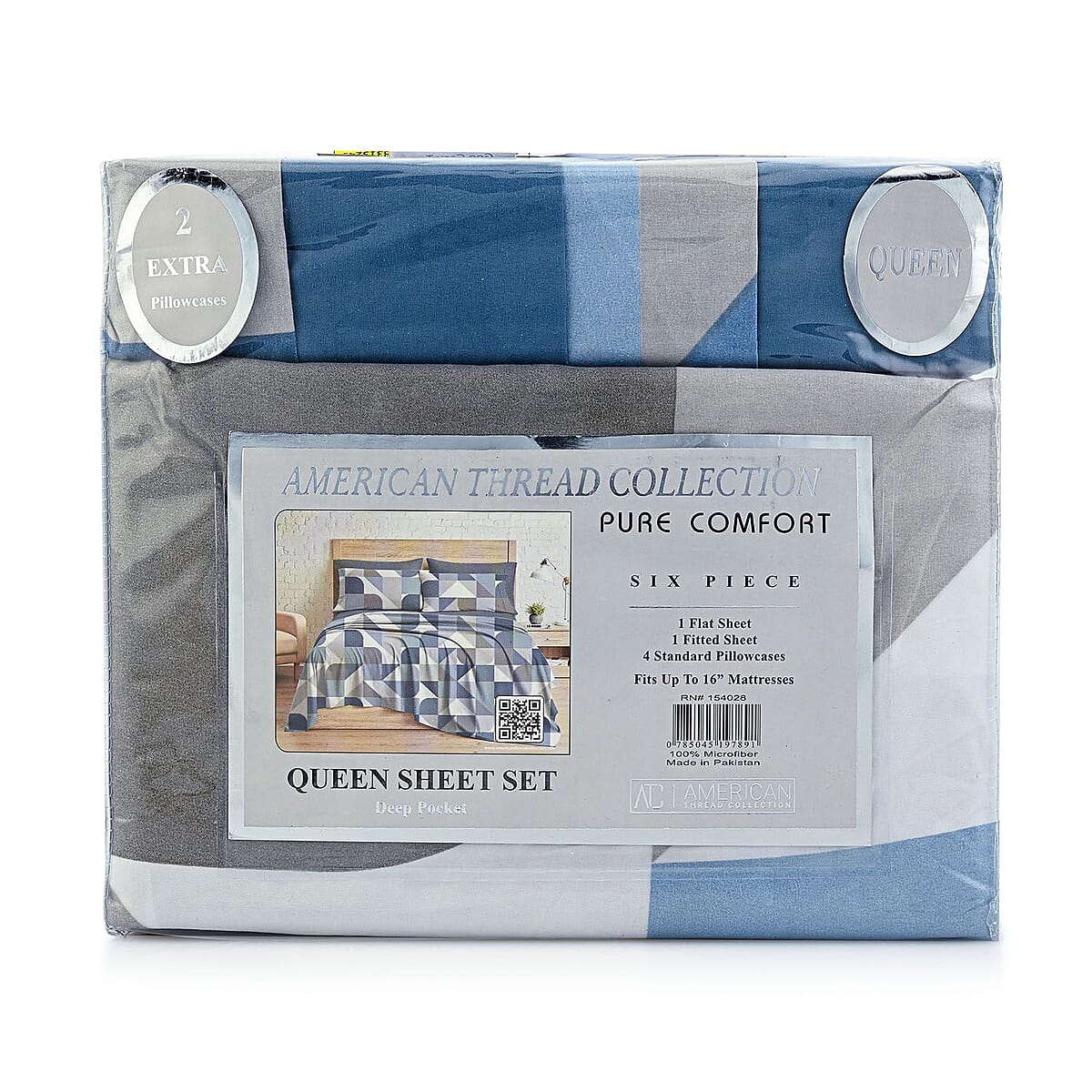 Closeout American Thread Collection 6pc Grey & Blue Geometric Microfiber Sheet Set -King image number 2