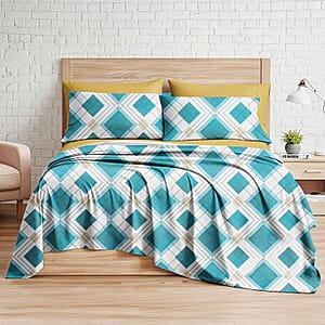 Closeout American Thread Collection 6pc Beige & Turquoise Geometric Microfiber Sheet Set -King