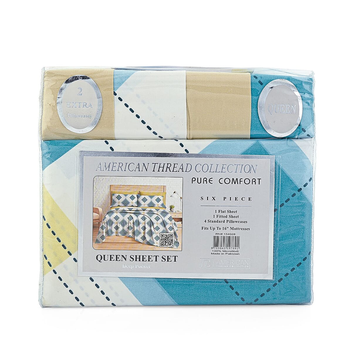 Closeout American Thread Collection 6pc Beige & Turquoise Geometric Microfiber Sheet Set -King image number 2