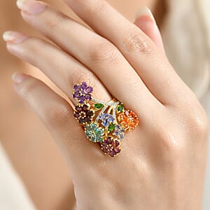 D'Joy Multi Gemstone 6.60 ctw Blooming Garden Ring in Vermeil Yellow Gold Over Sterling Silver (Size 10.0)