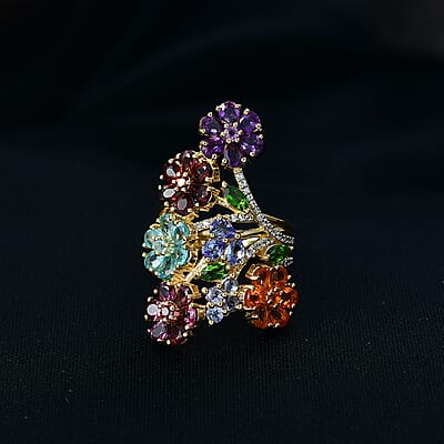 D'Joy Multi Gemstone 6.60 ctw Blooming Garden Ring in Vermeil Yellow Gold Over Sterling Silver (Size 7.0)