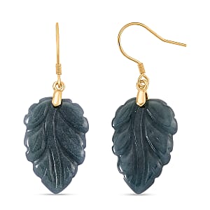 D'Joy Natural Olmec Jadeite 25.00 ctw Carved Leaf Earrings in 14K Yellow Gold Over Sterling Silver