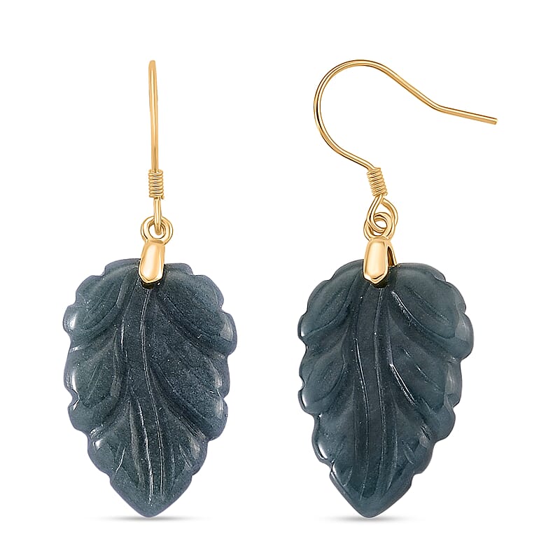 D'Joy Natural Olmec Jadeite 25.00 ctw Carved Leaf Earrings in 14K Yellow Gold Over Sterling Silver
