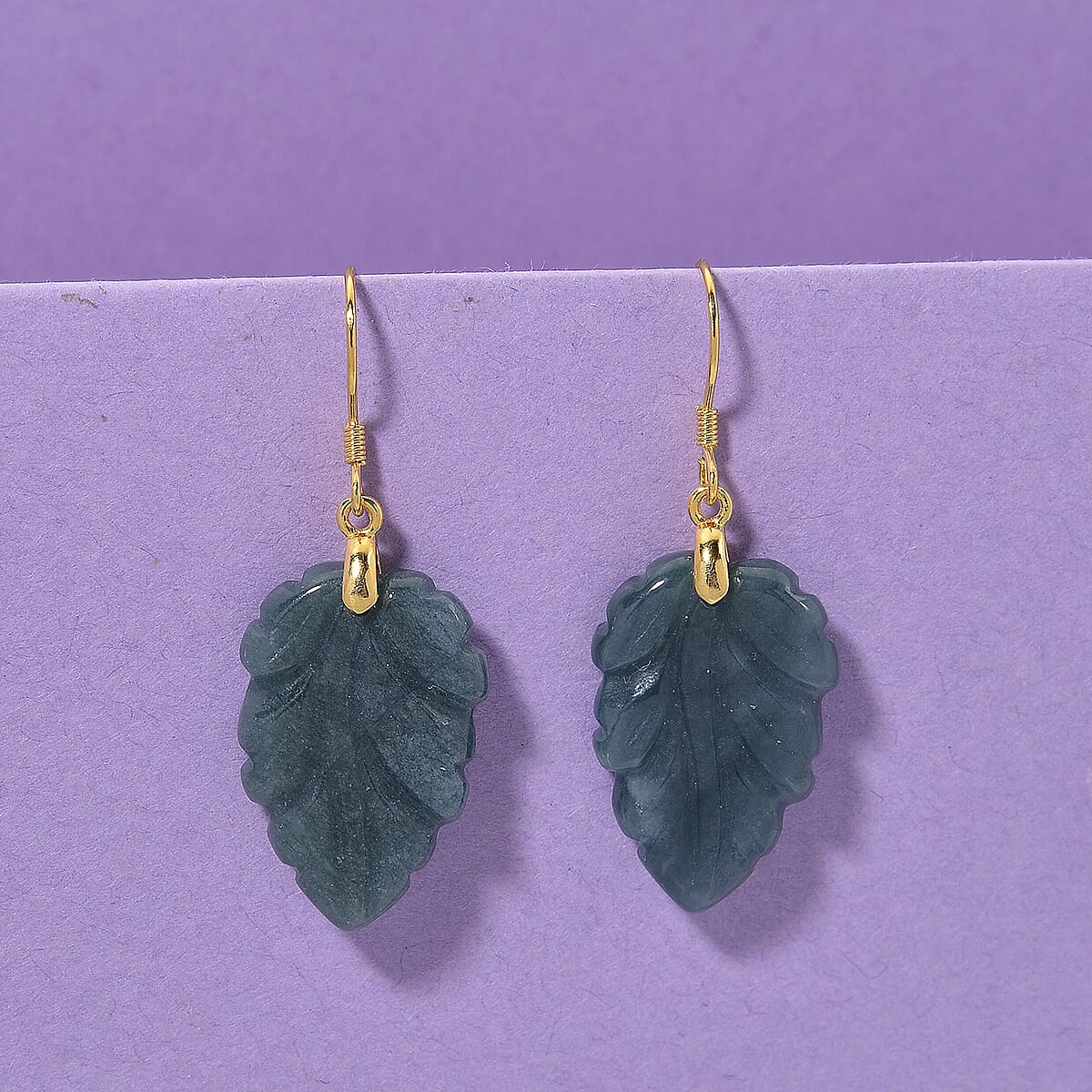D'Joy Natural Olmec Jadeite 25.00 ctw Carved Leaf Earrings in 14K Yellow Gold Over Sterling Silver image number 1