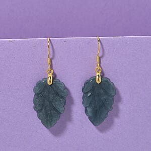 D'Joy Natural Olmec Jadeite 25.00 ctw Carved Leaf Earrings in 14K Yellow Gold Over Sterling Silver