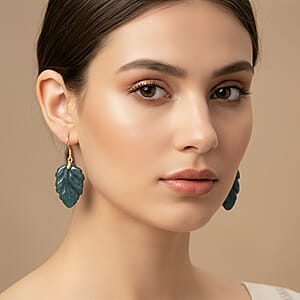 D'Joy Natural Olmec Jadeite 25.00 ctw Carved Leaf Earrings in 14K Yellow Gold Over Sterling Silver