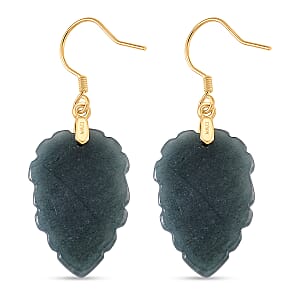 D'Joy Natural Olmec Jadeite 25.00 ctw Carved Leaf Earrings in 14K Yellow Gold Over Sterling Silver