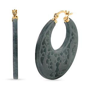 D'Joy Natural Olmec Jadeite 50.00 ctw Carved Hoop Earrings in 14K Yellow Gold Over Sterling Silver