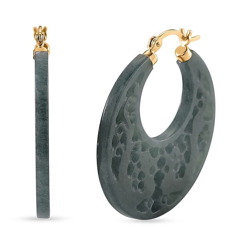 D'Joy Natural Olmec Jadeite 50.00 ctw Carved Hoop Earrings in 14K Yellow Gold Over Sterling Silver