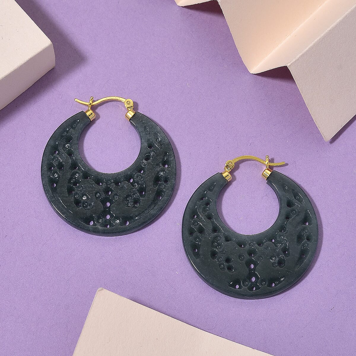 D'Joy Natural Olmec Jadeite 50.00 ctw Carved Hoop Earrings in 14K Yellow Gold Over Sterling Silver image number 1