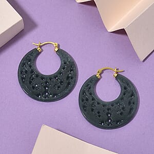 D'Joy Natural Olmec Jadeite 50.00 ctw Carved Hoop Earrings in 14K Yellow Gold Over Sterling Silver