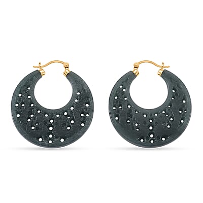 D'Joy Natural Olmec Jadeite 50.00 ctw Carved Hoop Earrings in 14K Yellow Gold Over Sterling Silver