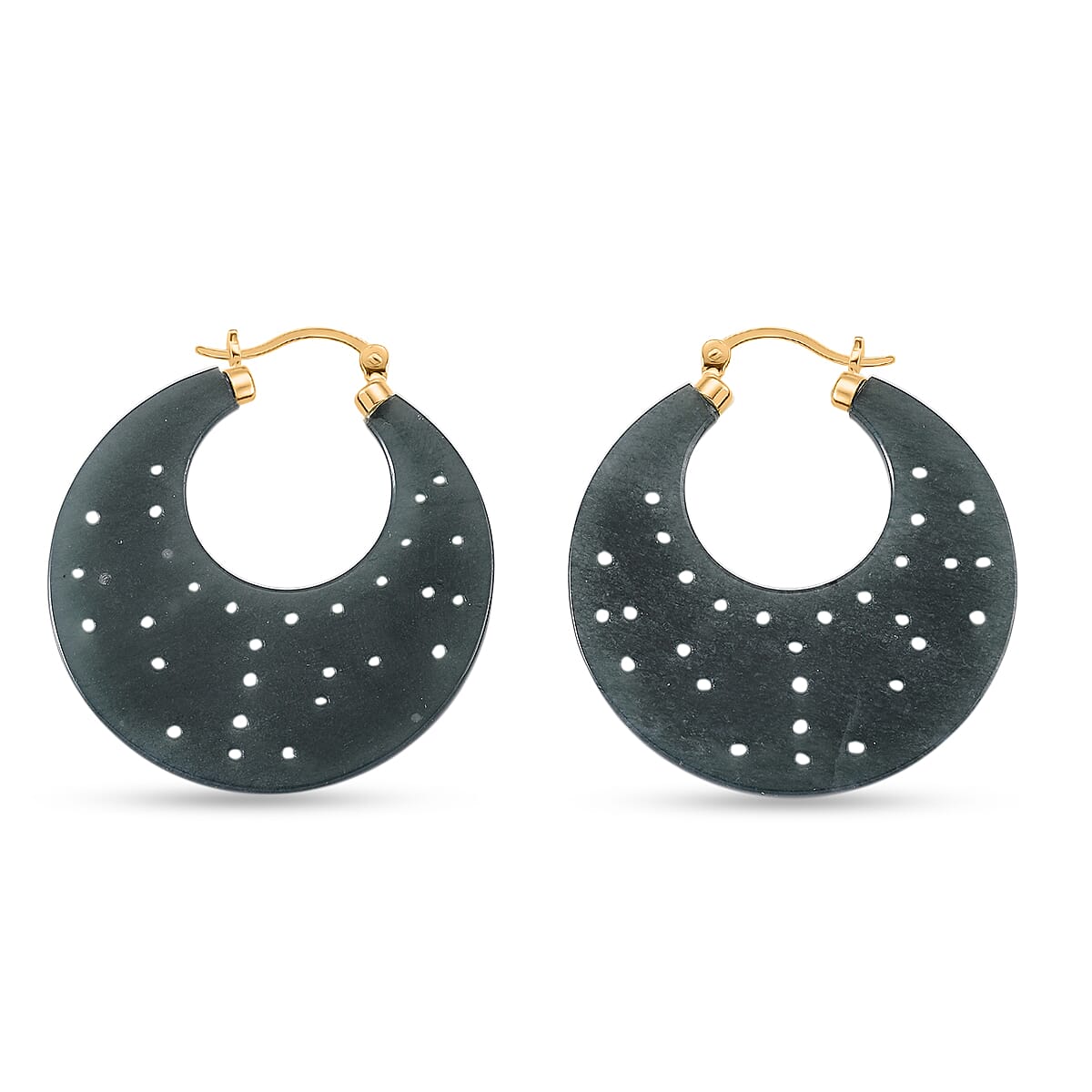 D'Joy Natural Olmec Jadeite 50.00 ctw Carved Hoop Earrings in 14K Yellow Gold Over Sterling Silver image number 4