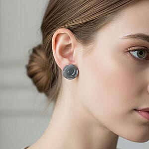 D'Joy Natural Olmec Jadeite 20.00 ctw Carved Flower Earrings in Rhodium Over Sterling Silver