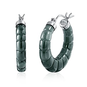 D'Joy Natural Olmec Jadeite 45.00 ctw Carved Hoop Earrings in Rhodium Over Sterling Silver