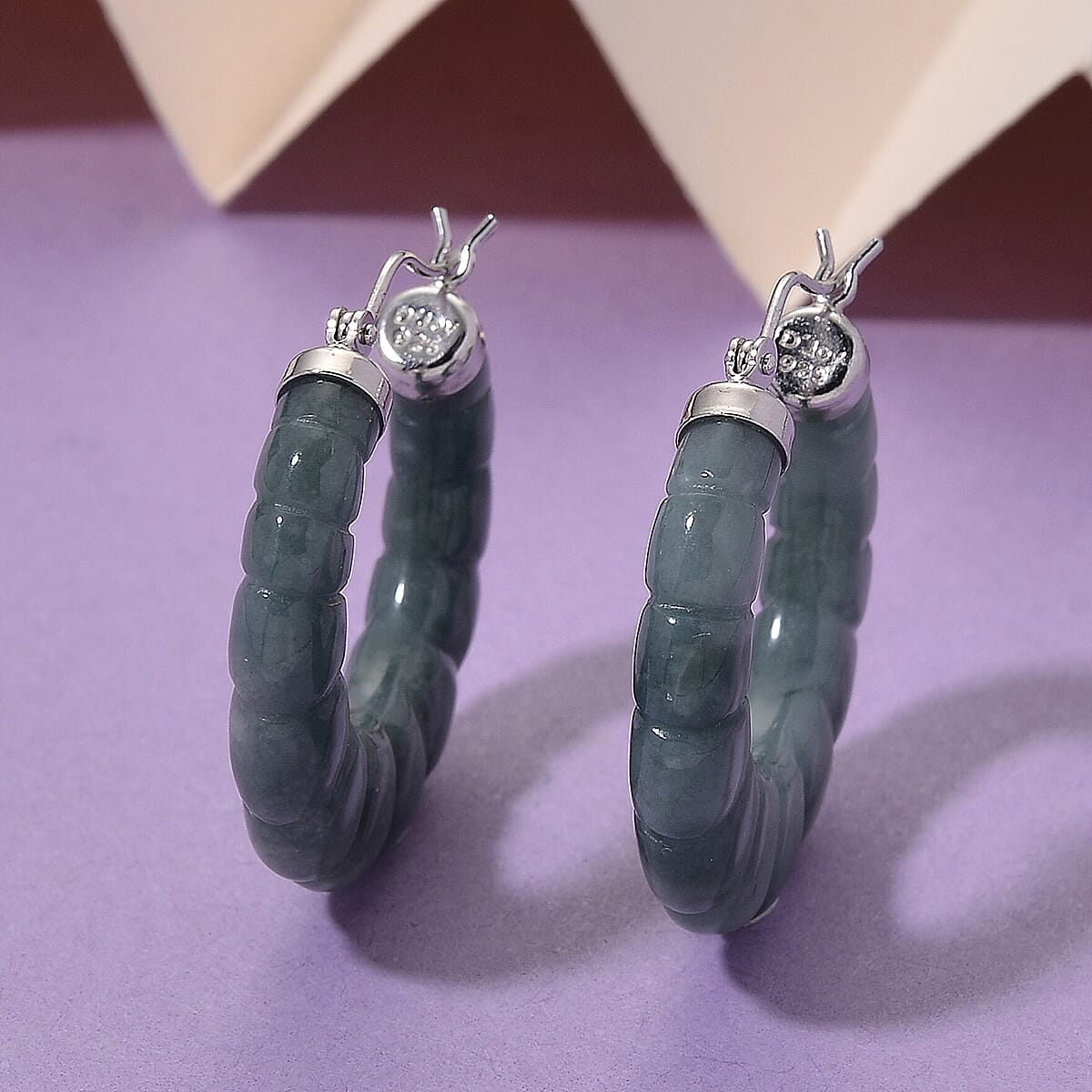 D'Joy Natural Olmec Jadeite 45.00 ctw Carved Hoop Earrings in Rhodium Over Sterling Silver image number 1