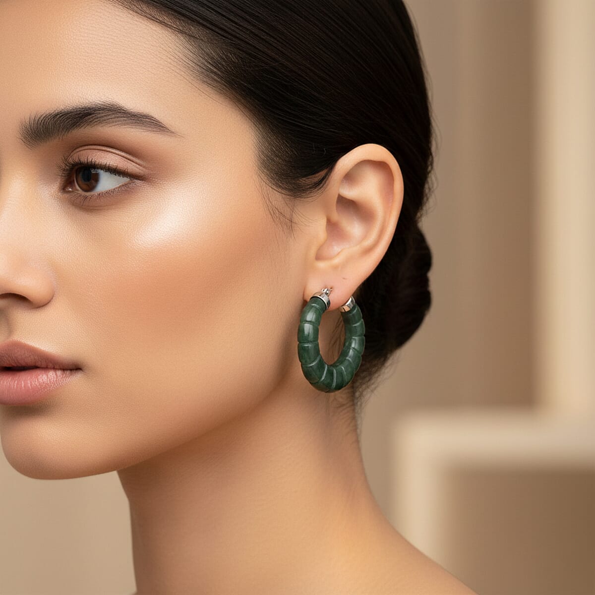 D'Joy Natural Olmec Jadeite 45.00 ctw Carved Hoop Earrings in Rhodium Over Sterling Silver image number 2