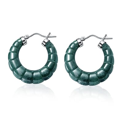 D'Joy Natural Olmec Jadeite 45.00 ctw Carved Hoop Earrings in Rhodium Over Sterling Silver