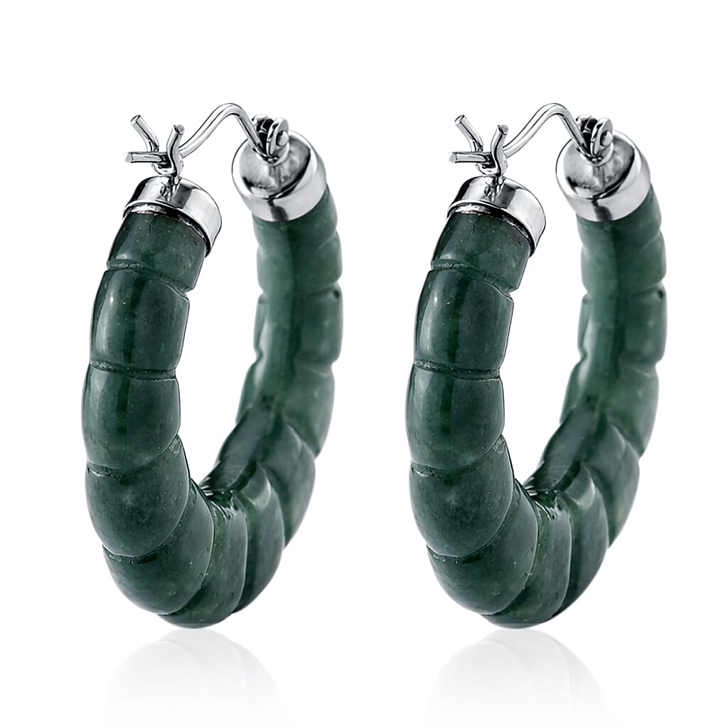 D'Joy Natural Olmec Jadeite 45.00 ctw Carved Hoop Earrings in Rhodium Over Sterling Silver