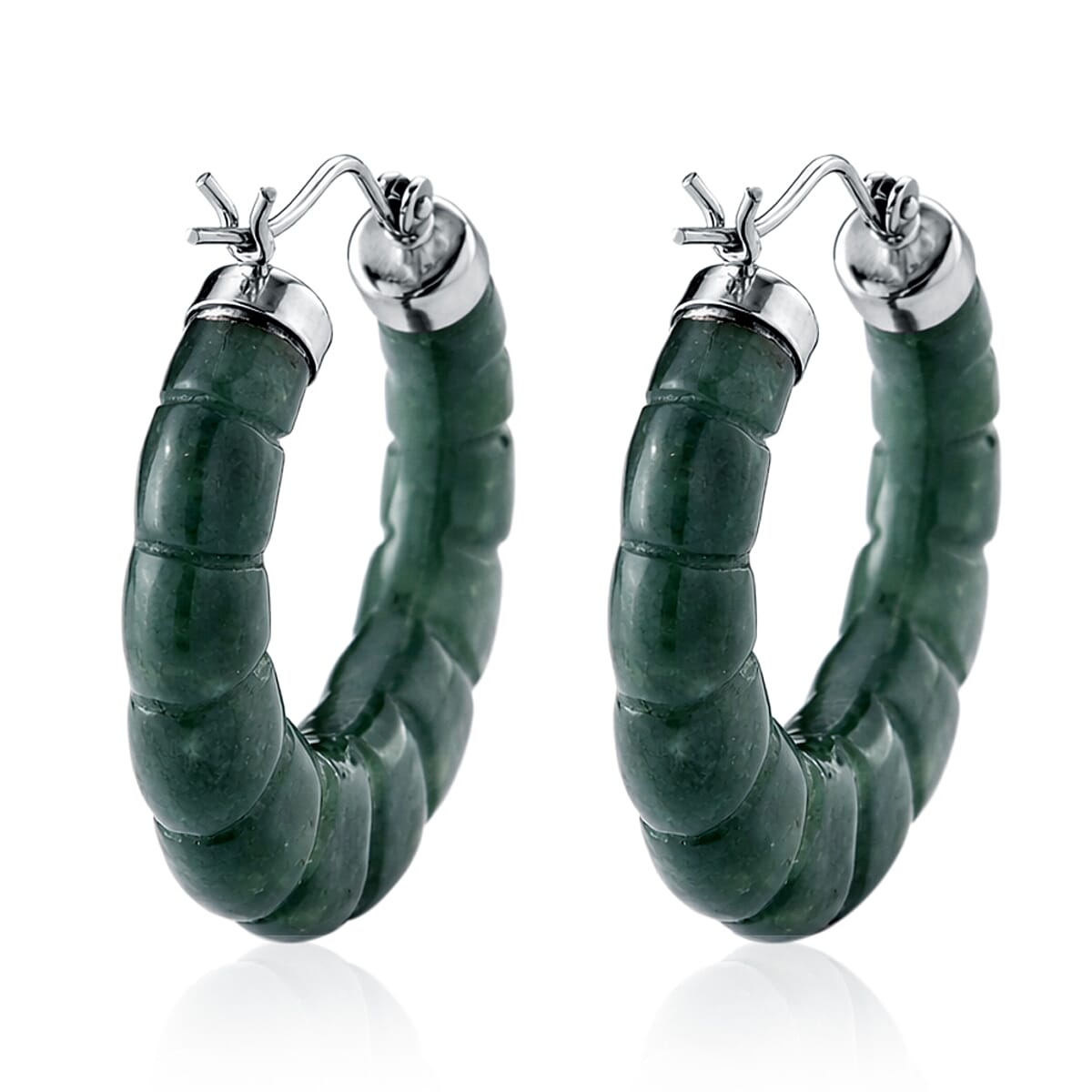 D'Joy Natural Olmec Jadeite 45.00 ctw Carved Hoop Earrings in Rhodium Over Sterling Silver image number 4