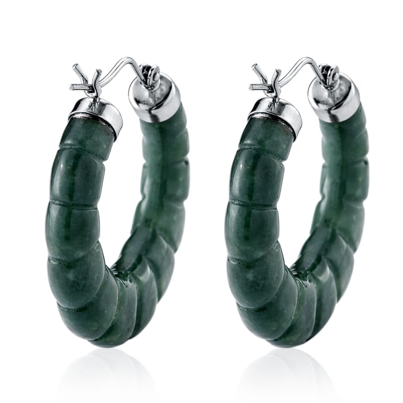 D'Joy Natural Olmec Jadeite 45.00 ctw Carved Hoop Earrings in Rhodium Over Sterling Silver