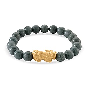 D'Joy Natural Olmec Jadeite 160.00 ctw Beaded Stretch Bracelet with Pixiu in 14K Yellow Gold Over Sterling Silver (6.5-7In)