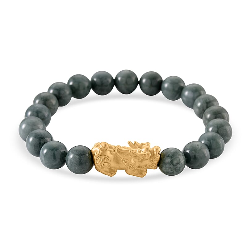 D'Joy Natural Olmec Jadeite 160.00 ctw Beaded Stretch Bracelet with Pixiu in 14K Yellow Gold Over Sterling Silver (6.5-7In)