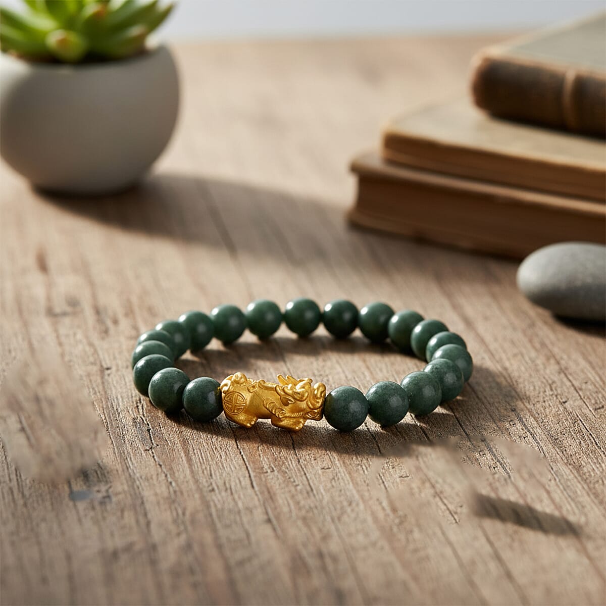 D'Joy Natural Olmec Jadeite 160.00 ctw Beaded Stretch Bracelet with Pixiu in 14K Yellow Gold Over Sterling Silver (6.5-7In) image number 1