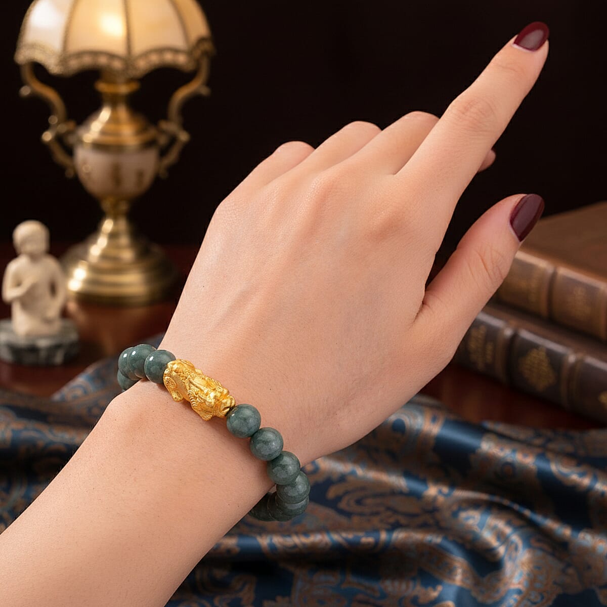 D'Joy Natural Olmec Jadeite 160.00 ctw Beaded Stretch Bracelet with Pixiu in 14K Yellow Gold Over Sterling Silver (6.5-7In) image number 2