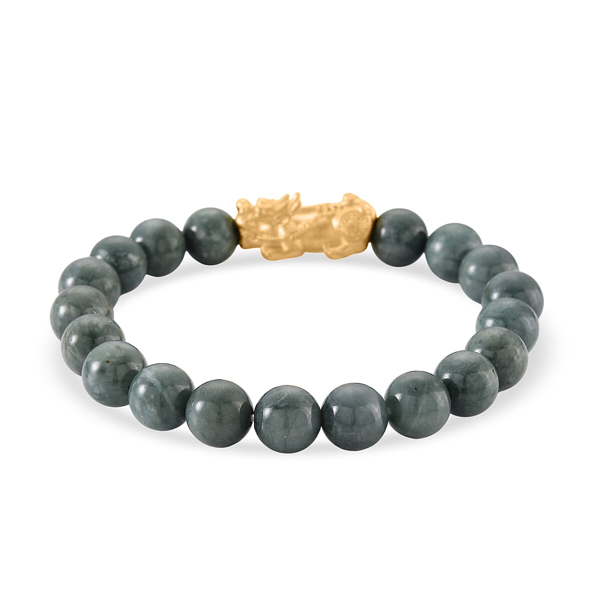 D'Joy Natural Olmec Jadeite 160.00 ctw Beaded Stretch Bracelet with Pixiu in 14K Yellow Gold Over Sterling Silver (6.5-7In) image number 3