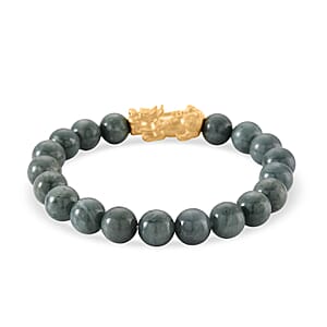 D'Joy Natural Olmec Jadeite 160.00 ctw Beaded Stretch Bracelet with Pixiu in 14K Yellow Gold Over Sterling Silver (6.5-7In)