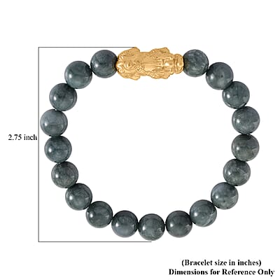 D'Joy Natural Olmec Jadeite 160.00 ctw Beaded Stretch Bracelet with Pixiu in 14K Yellow Gold Over Sterling Silver (6.5-7In)