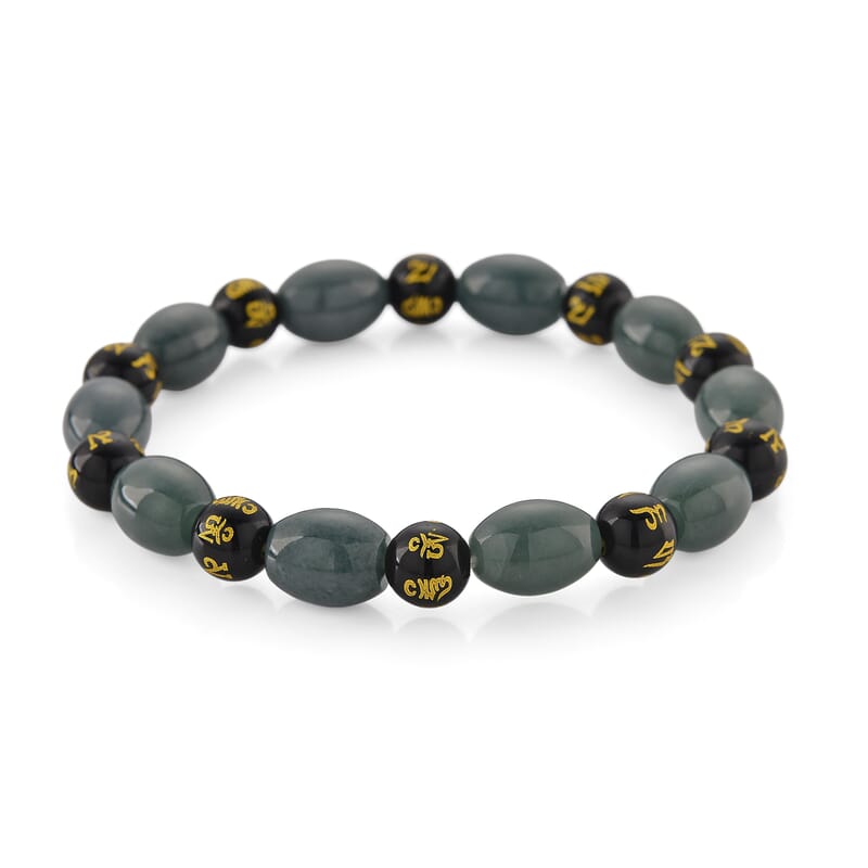 Natural Olmec Jadeite and Black Obsidian 130.00 ctw Beaded Stretch Bracelet (6.5-7.0In)