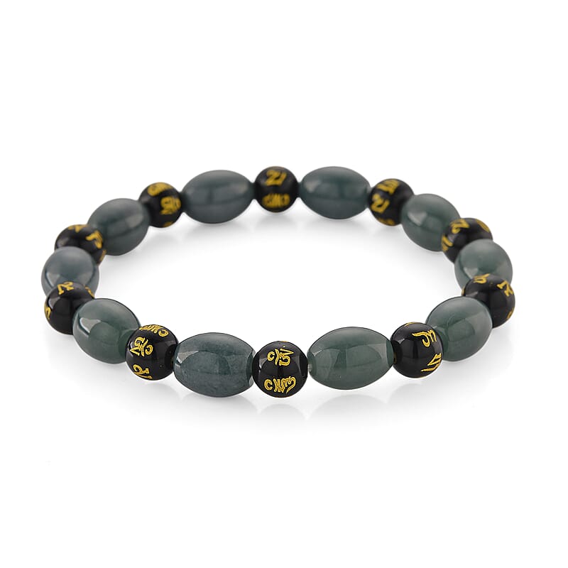 Natural Olmec Jadeite and Black Obsidian 130.00 ctw Beaded Stretch Bracelet (6.5-7.0In)