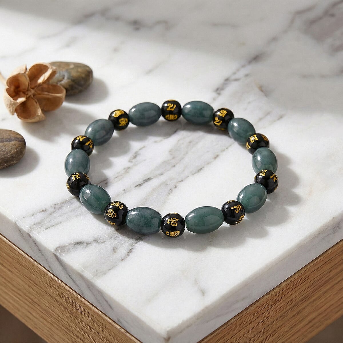 Natural Olmec Jadeite and Black Obsidian 130.00 ctw Beaded Stretch Bracelet (6.5-7.0In) image number 1