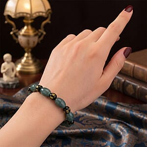 Natural Olmec Jadeite and Black Obsidian 130.00 ctw Beaded Stretch Bracelet (6.5-7.0In)