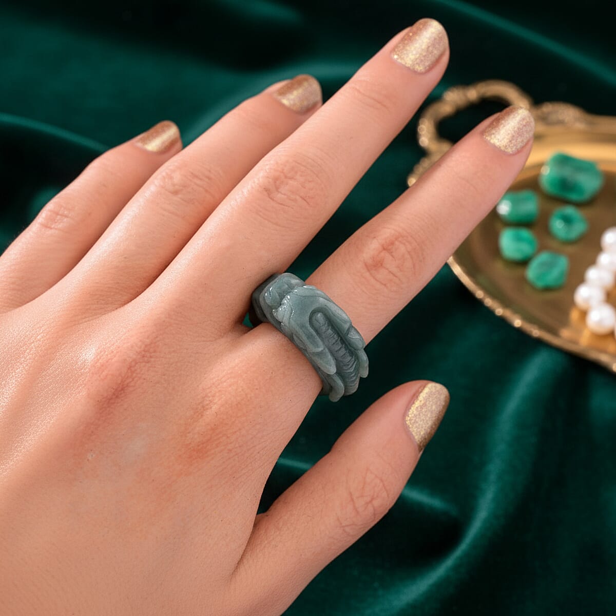 Natural Olmec Jadeite Carved Dragon Band Ring (Size 10.0) 45.00 ctw image number 2