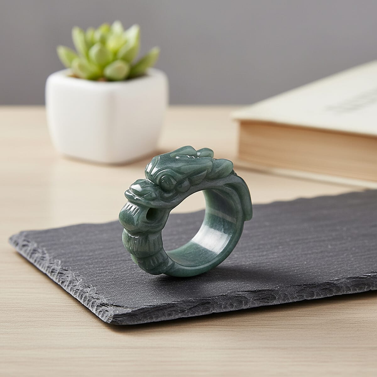 Natural Olmec Jadeite Carved Dragon Band Ring (Size 6.0) 45.00 ctw image number 1