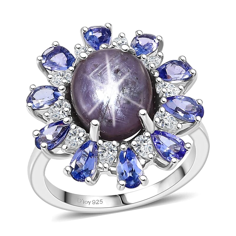 D'Joy Premium Indian Star Ruby and Multi Gemstone 9.30 ctw Celestial Starburst Ring in Rhodium Over Sterling Silver (Size 10.0)