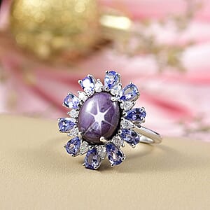 D'Joy Premium Indian Star Ruby and Multi Gemstone 9.30 ctw Celestial Starburst Ring in Rhodium Over Sterling Silver (Size 10.0)