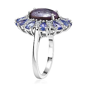 D'Joy Premium Indian Star Ruby and Multi Gemstone 9.30 ctw Celestial Starburst Ring in Rhodium Over Sterling Silver (Size 10.0)