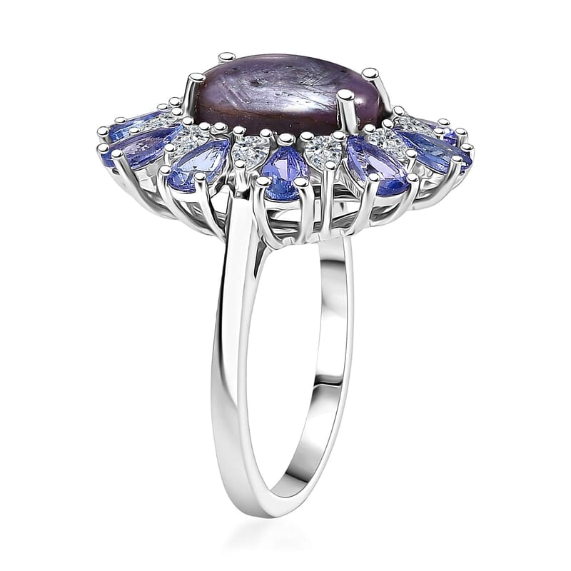 D'Joy Premium Indian Star Ruby and Multi Gemstone 9.30 ctw Celestial Starburst Ring in Rhodium Over Sterling Silver (Size 10.0)